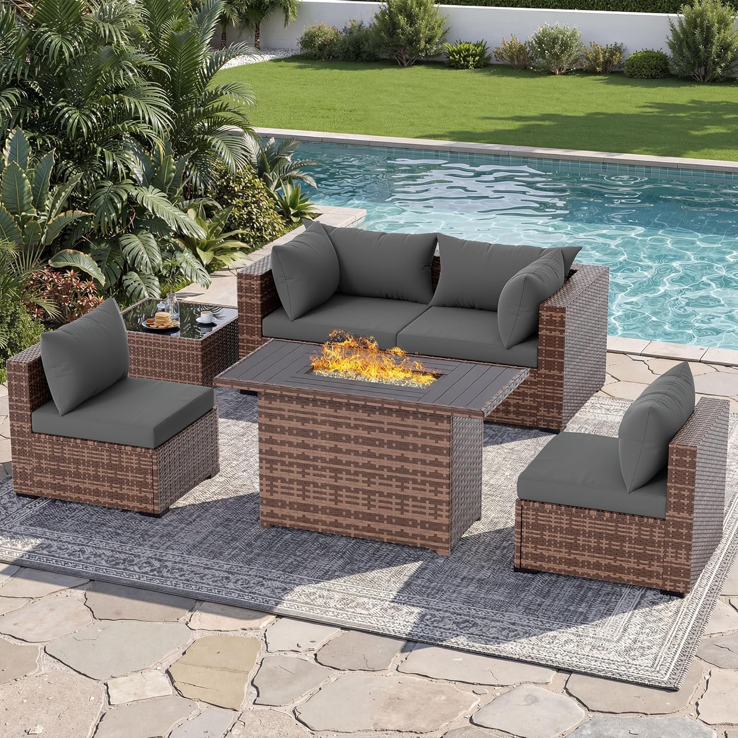Outdoor Furniture And Fire Pit - 5-Piece Outdoor Sectional Sofa Set with