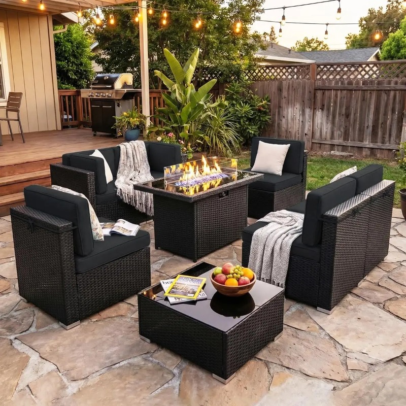 8-Piece Patio Wicker Sectional - Outdoor Furniture And Fire Pit recension och pris